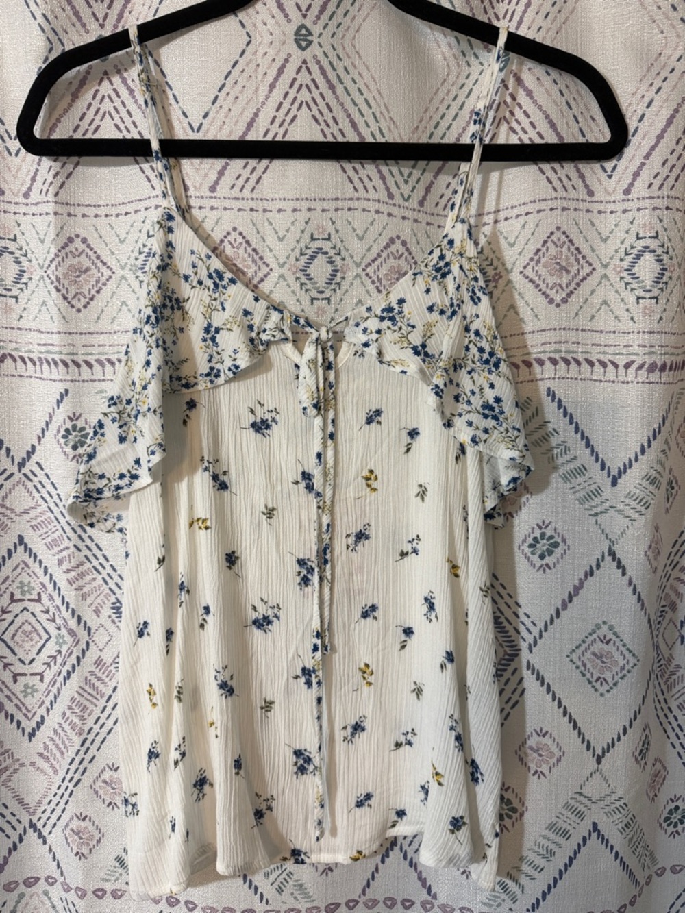 PINK REPUBLIC White Floral Ruffle Camisole with Blue & Mustard Accents